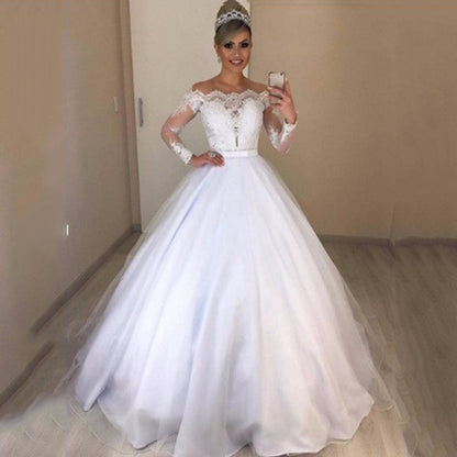 Hot trade supply wish  one-word shoulder V-neck slim-fitting fashion fluffy trailing wedding dress lace skirt