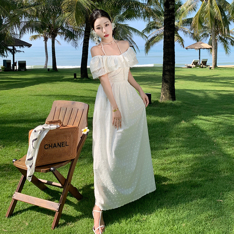 2025 Summer Heavy Industry  Shoulder Fairy Vacation Dress Off Shoulder Palace Style Ruffle Edge White Muse Fan Dress