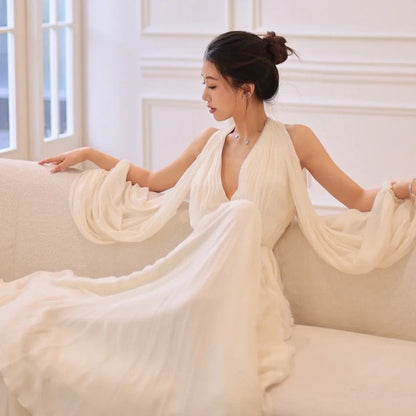 LOVERCCR  New Chinese Style Morning Gowns Female Bride Wedding Engagement Toast Dress Mori Style Halter Seaside Travel Photography Lightweight Wedding Dress Dress