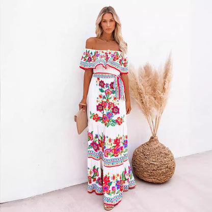 2025 Popularan, n spring and summer independent station 's new one-word shoulder red flower printing long pendulum dress