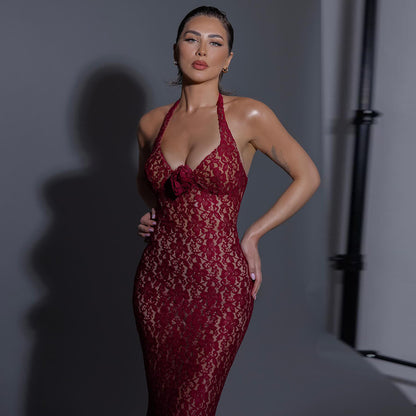 LOVECCR popular summer suspender neck slim fit 2025 red new lace mesh dress long dress evening dress wholesale