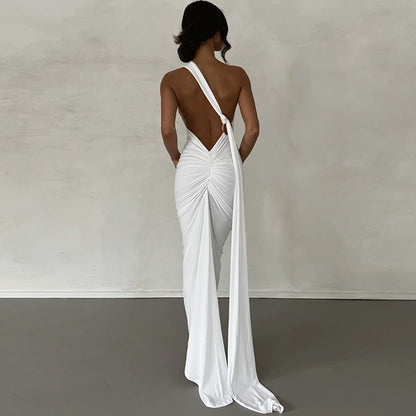 LOVECCR 2025 style women's clothing Hot summer new product slanted shoulder sexy slim backless pleated hollow strap long dress