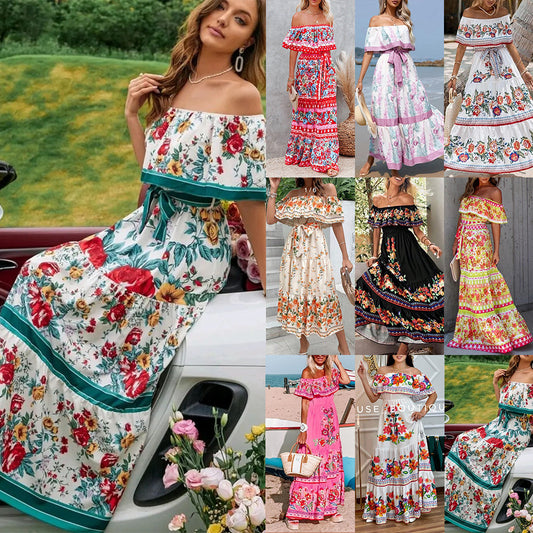 Popular trade spring and summer  independent station wish new one-word shoulder printing long pendulum dress