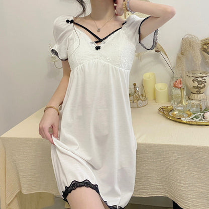 2025 nightgown with chest pad women's summer thin short-sleeved sweet girl style lace edge cute medium and long knee loungewear