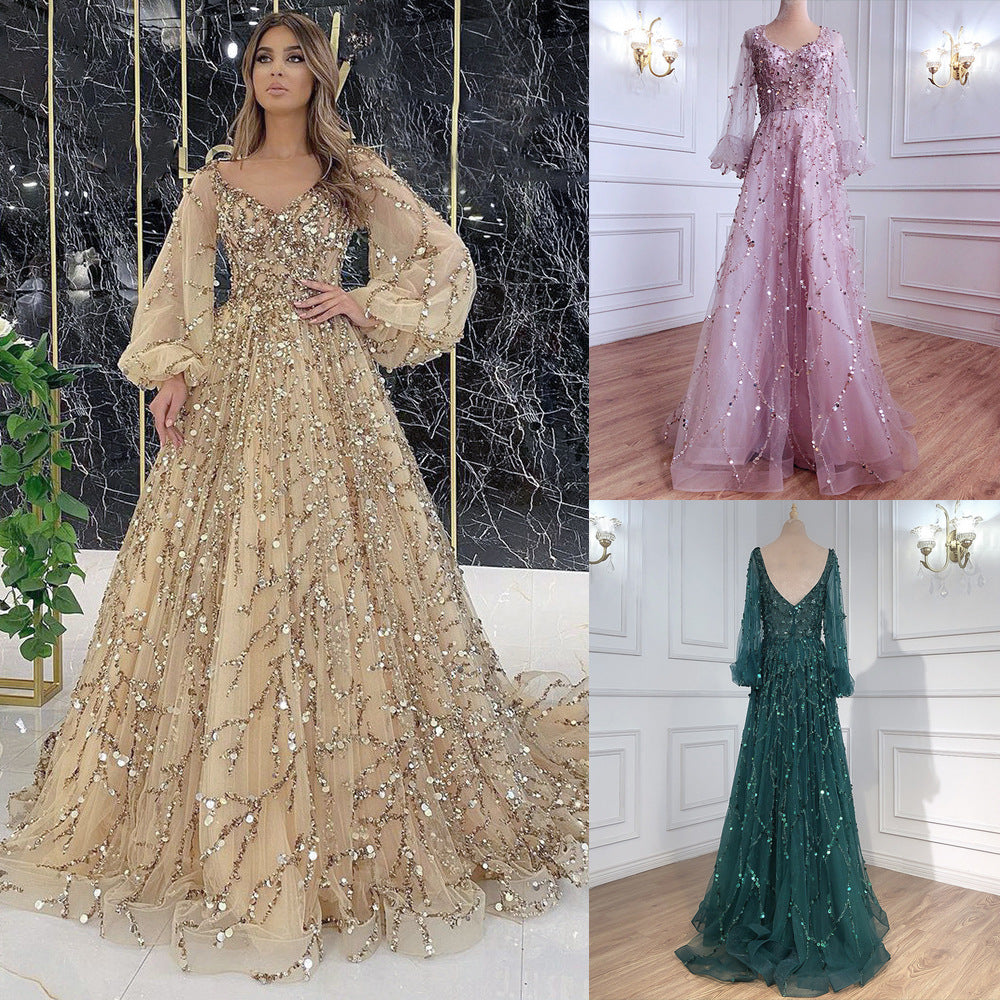 New new gold heavy industry beads luxury evening dress sexy celebrity aura queen long dress SC7109
