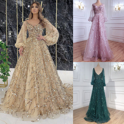 New new gold heavy industry beads luxury evening dress sexy celebrity aura queen long dress SC7109