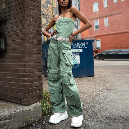2025 Nanyou premium jumpsuit  new fashion personality multi-pocket tube top tooling denim jumpsuit women