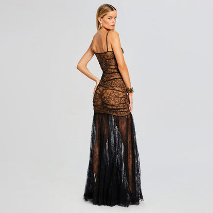 LOVECCR Preferred Popular trade 2025 new black shrunken lace suspender sleeveless long dress dress women's evening dress dress