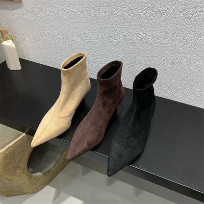 2025  Autumn and winter soft-soled elastic thin boots pointed-toed thin-heeled boots women's short boots small heel versatile black suede single boots
