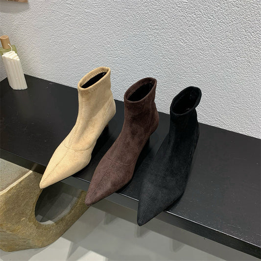 2025  Autumn and winter soft-soled elastic thin boots pointed-toed thin-heeled boots women's short boots small heel versatile black suede single boots