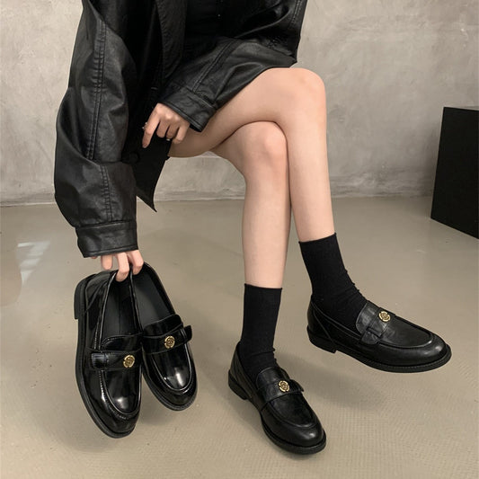 2025  Camellia thick-soled round-headed small leather shoes children's college style soft-soled commuting versatile lazy shoes one pedal loafers