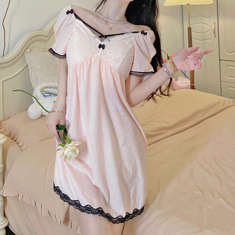 2025 nightgown with chest pad women's summer thin short-sleeved sweet girl style lace edge cute medium and long knee loungewear