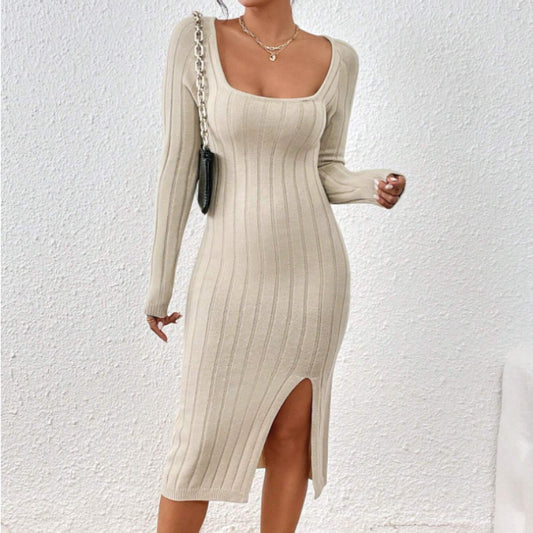 Spring New   n Sweater Dress Sexy Spice Girl Square Neck Long Sleeve Knitted Dress Women