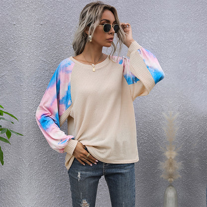 LOVECCR New Popular, 2025 and popular new waffle bottoming long-sleeved shirt tie-dye round neck splicing pullover T-shirt women