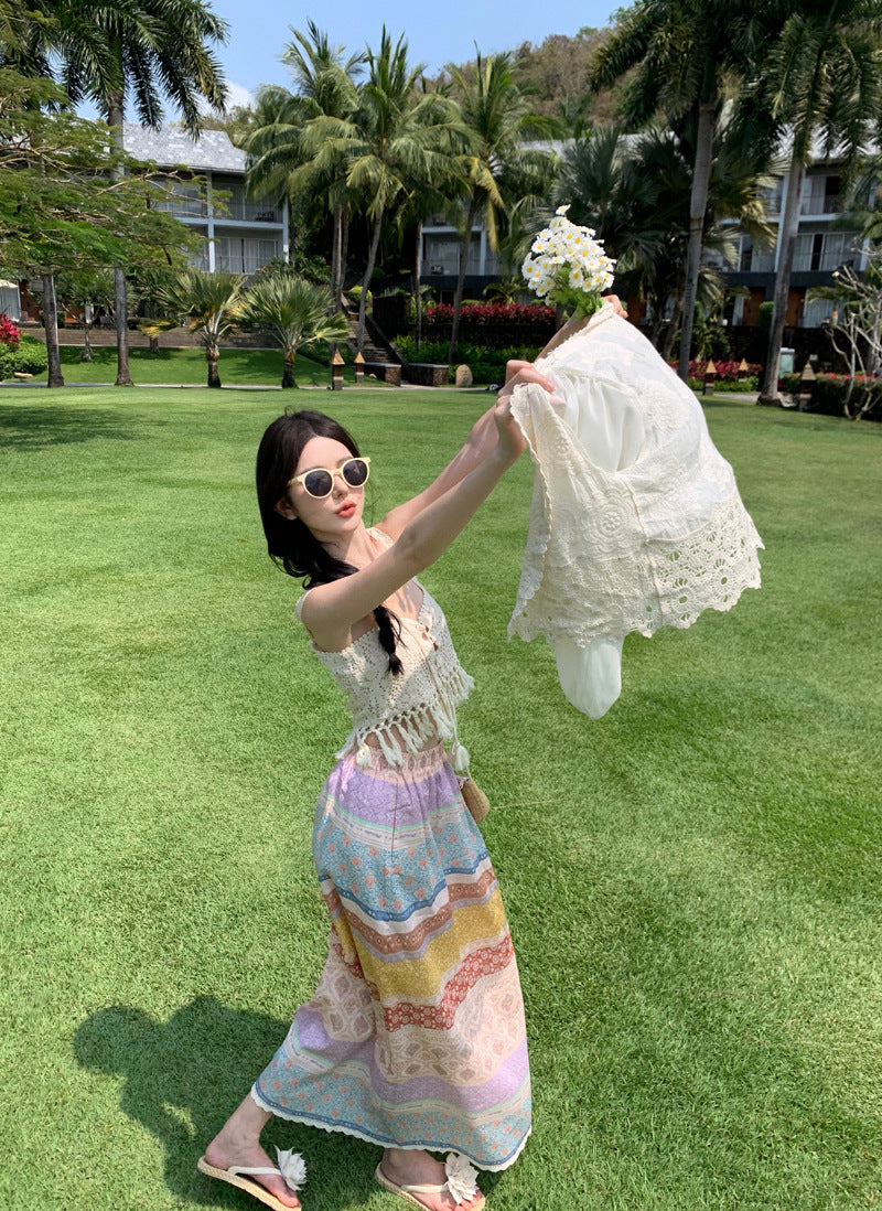 2025 Dopamine seaside vacation suit women's summer bohemian color skirt vest cardigan Sanya travel wear