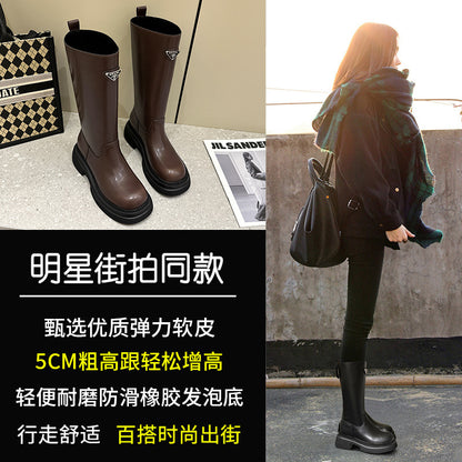 2025 Thick-soled knight boots women's  new trend British style thick heel heightening sleeve Chelsea cowhide medium and high boots