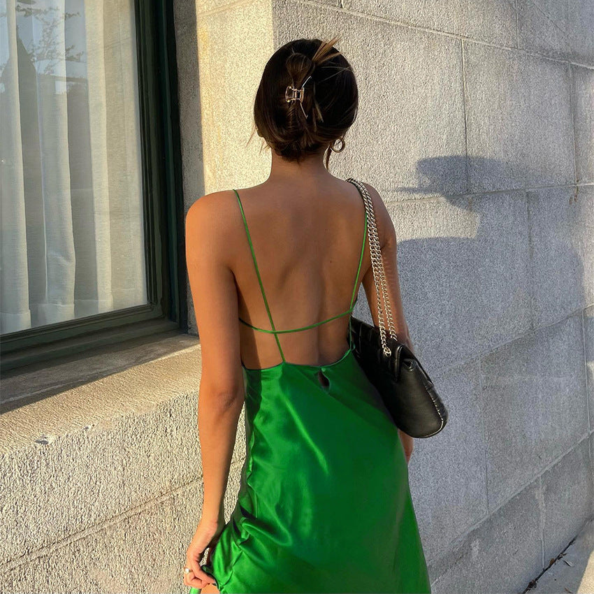 2025 summer new suspender ice silk simulation silk design sense niche dress slit long dress  sexy women