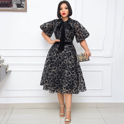 summer new temperament stand-up collar black flocking encrypted mesh waist lace splicing fashionable and thin dress