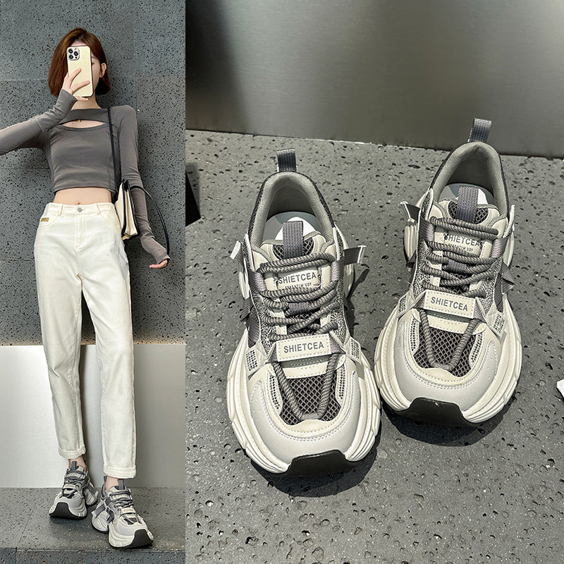 2025 new spring and summer popular small man height increase casual sports shoes rhinestone platform leather dad shoes women