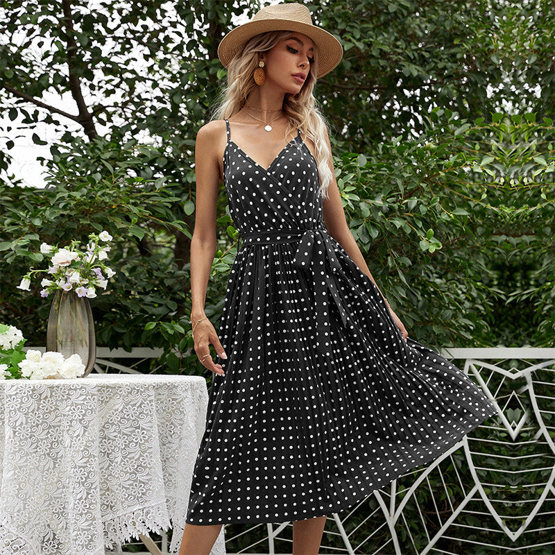 LOVECCR summer explosion 2025 chiffon medium and long strap polka dot v-neck suspender pleated dress women