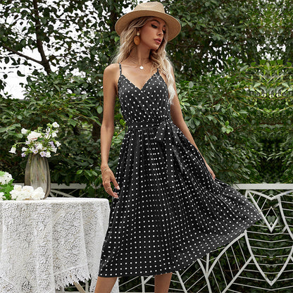 LOVECCR summer explosion 2025 chiffon medium and long strap polka dot v-neck suspender pleated dress women