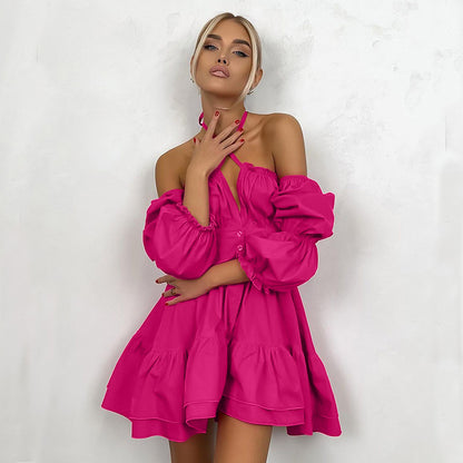 2025   new solid color neck square neck bubble sleeve sexy dress summer Popular trade women's dress short dress