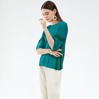 summer large size women's clothing new contrasting colors casual style pleated design sense simple loose splicing top women's summer