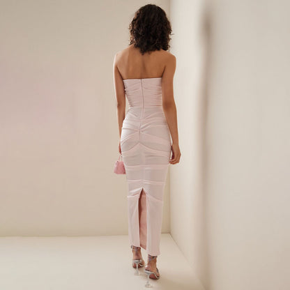 LOVECCR Summer new  women's clothing shrink pleated tube top sexy age-reducing pink long dress 2025 slim-fitting temperament dress