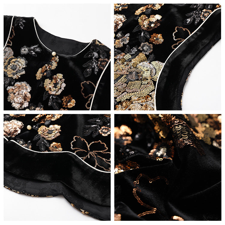 spring new national style new Chinese temperament vest light luxury sequins embroidered mulberry silk vest women MZ093