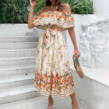 2025 Popular trade spring and summer  independent station wish new one-word shoulder printing long pendulum dress