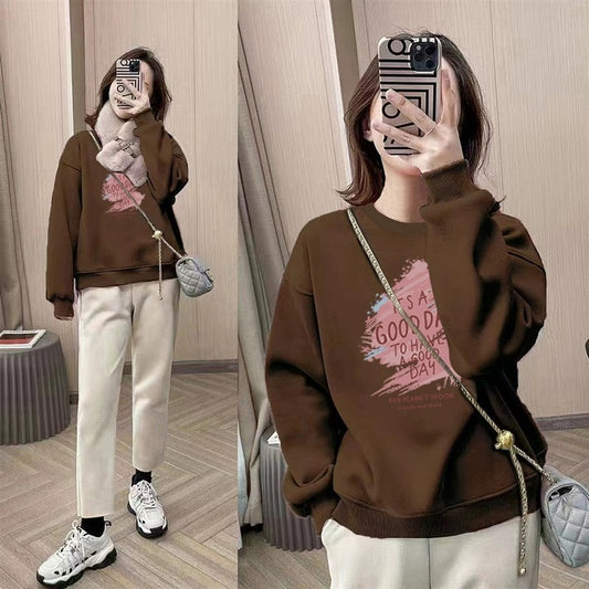 spring and autumn Korean version of fashion small round neck pullover fleece sweater long sleeve loose tide ins style top