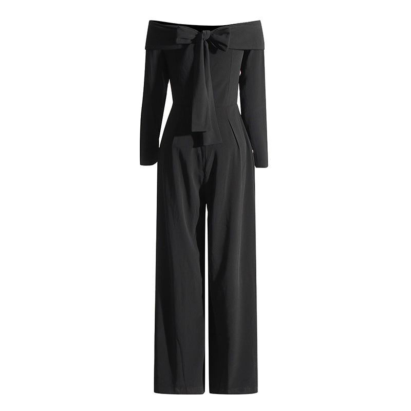 2025 Temperament elegant solid color jumpsuit  spring new fashion one-word collar long sleeve waist thin jumpsuit women