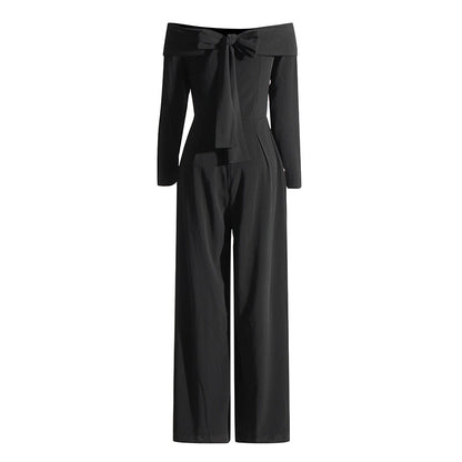 2025 Temperament elegant solid color jumpsuit  spring new fashion one-word collar long sleeve waist thin jumpsuit women