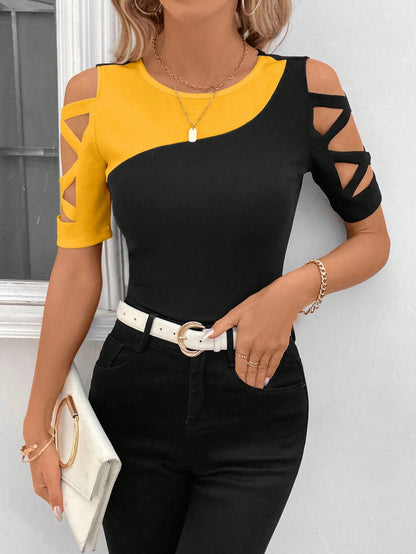 2025 Popular trade New  spring and summer new classic color matching cross-shoulder slim top T-shirt women