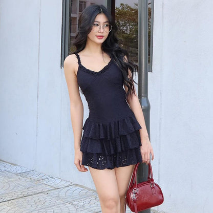 LOVECCR 2025 AC083 Casual and sexy perspective backless lace suspender dress, girlish suspender short skirt pure small black dress summer