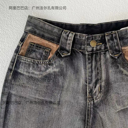 Pit a Pat Maillard Brown Retro Distressed Stitching European and American Tassel Denim Bootcut Trousers Slimming Trousers Female