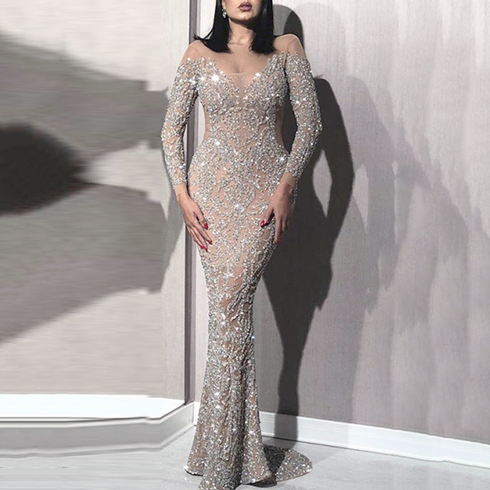 New spring new  Popular trade women's clothing bronzing long-sleeved slim-fitting sexy long dress banquet evening dress