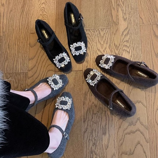 2025 2025 new autumn and winter velvet Mary Jane fluffy shoes thick heel high heel black square head rhinestone single shoes women's shoes