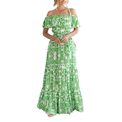 2025 2025 New new independent station  dress women's one-word shoulder short-sleeved printed ruffle edge long dress