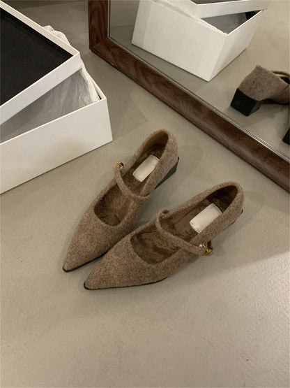 2025  Evening breeze gentle material shallow mouth single shoes velvet one-word buckle Mary Jane shoes pointed thick heel cotton ladyshoes women