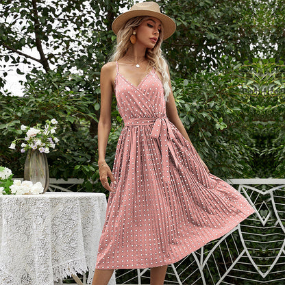 LOVECCR summer explosion 2025 chiffon medium and long strap polka dot v-neck suspender pleated dress women