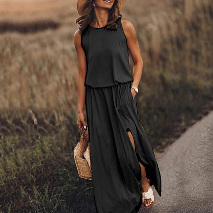 New spring and summer new  Popular trade women's clothing round neck sleeveless dress split fork solid color casual commuter dress