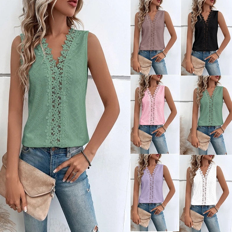 2025 Popular, ,  Popular trade New women's clothing summer new V-neck splicing hollow lace vest T top women