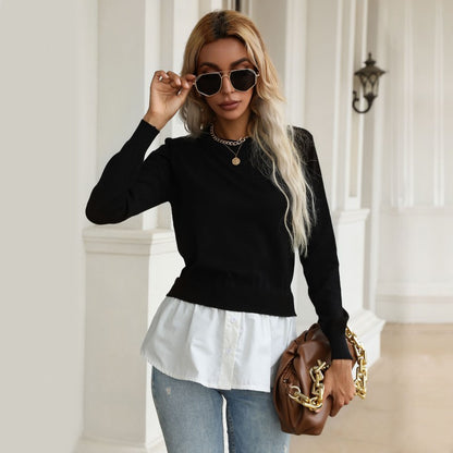 LOVECCR New popular autumn new product fashion shirt splicing top pullover fake two-piece knitted sweater women's clothing