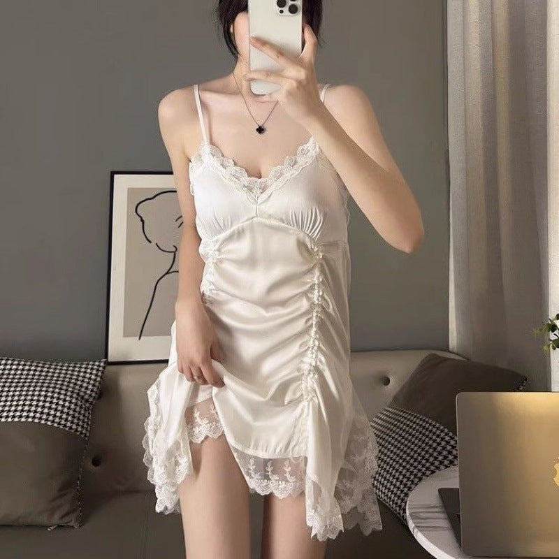 2025 Ice silk pajamas female sexy suspender nightgown spring and autumn long-sleeved thin lace pure desire loungewear set with chest pad
