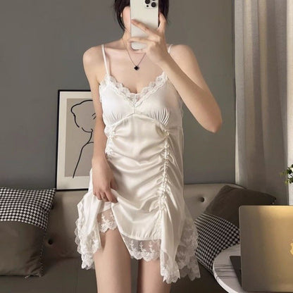 2025 Ice silk pajamas female sexy suspender nightgown spring and autumn long-sleeved thin lace pure desire loungewear set with chest pad