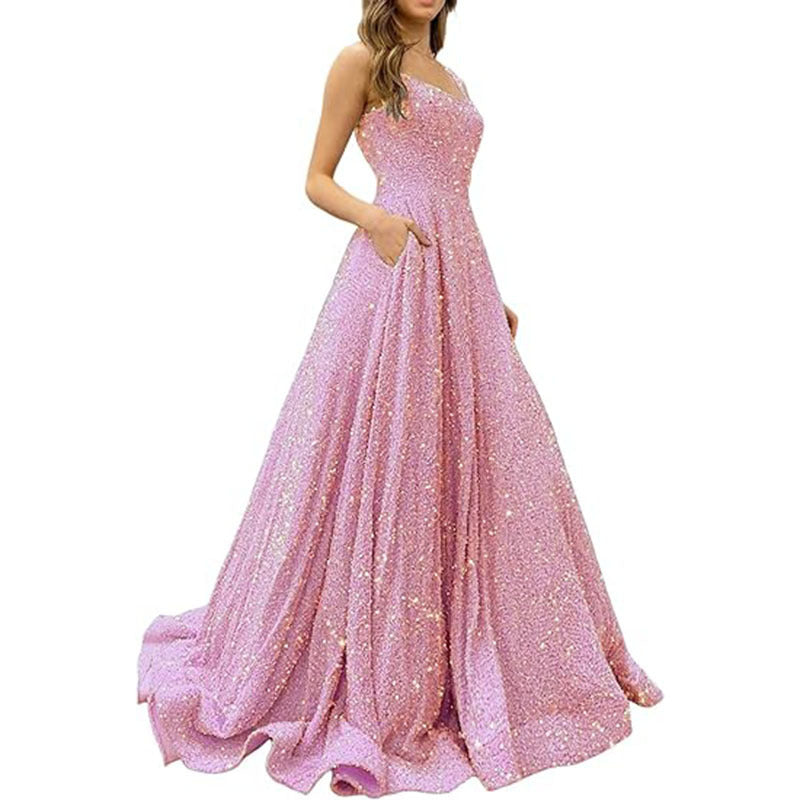 LOVECCR Foreign Trade  Prom Dresses Long A- line Formal Evening Gown with Pockets Side Slit Glitter Party Dress