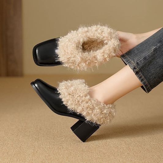 2025 Cowhide version~ Korean versatile velvet warm one-pedal small leather shoes, winter fashion fluffy shoes women's loafers