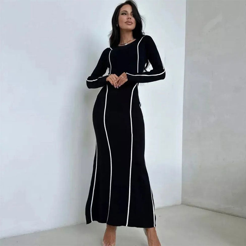 LOVECCR 2025 AC582 New women's clothing contrasting color bright line decorative dress autumn high-end slim temperament  hip-wrapped dress