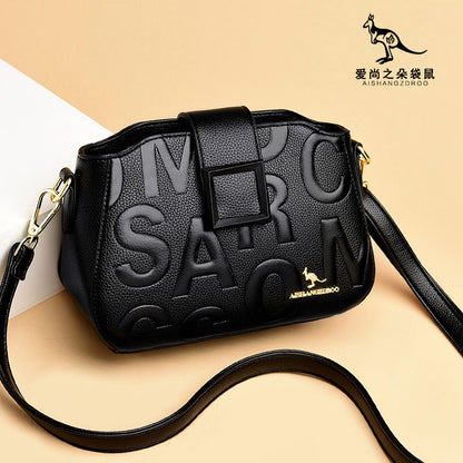 2025 Bag popular New Fashion Letter Embossed Shoulder Bag Simple Square Buckle Middle-aged Mom Bag Wide Shoulder Strap Crossbody Bag